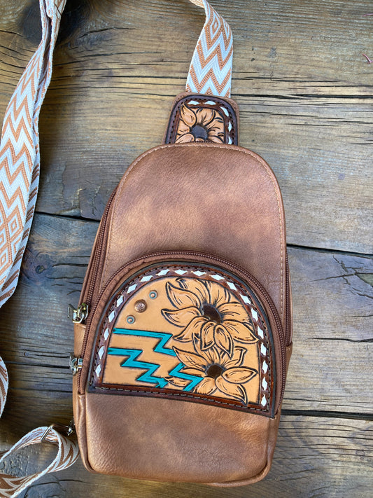 Sling crossbody bag - brown turquoise aztec