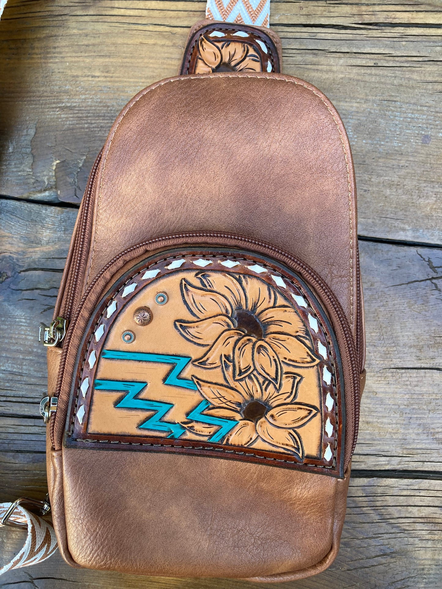 Sling crossbody bag - brown turquoise aztec