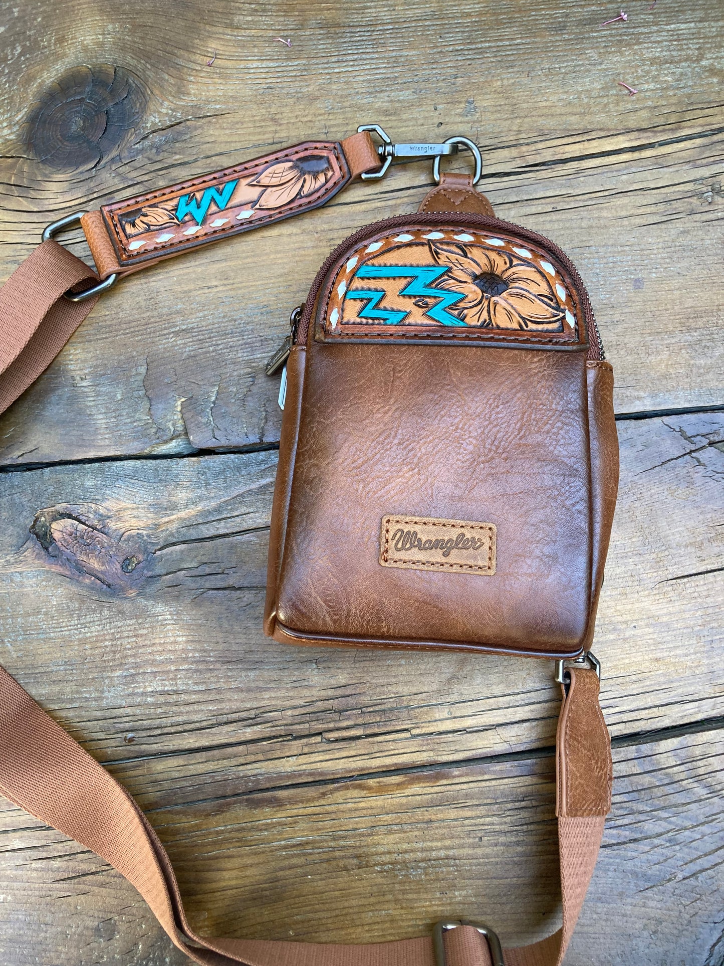 Small sling crossbody bag - brown & turquoise