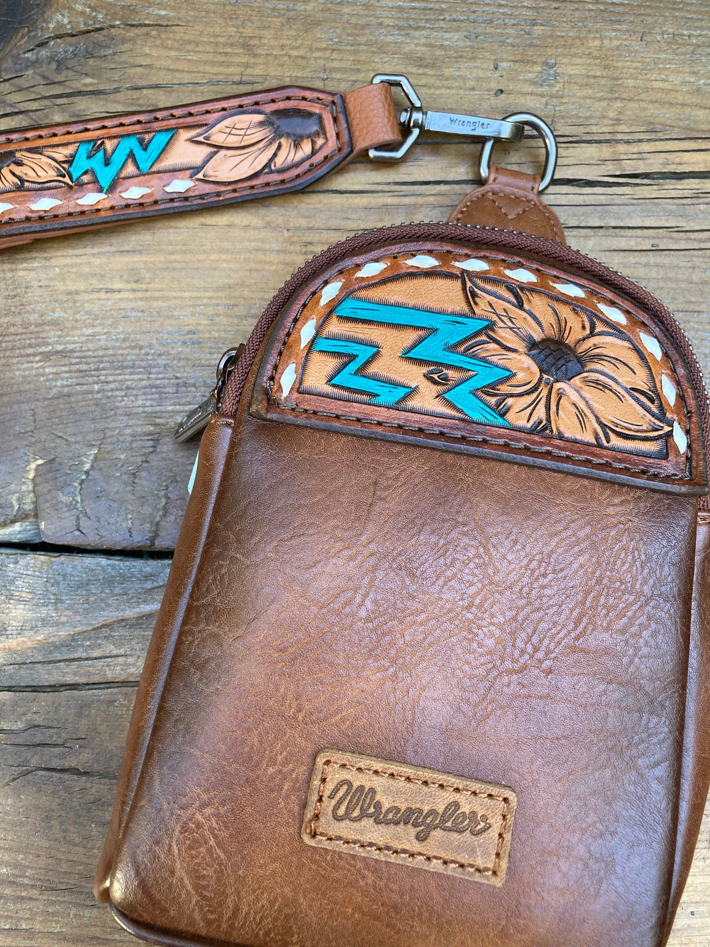 Small sling crossbody bag - brown & turquoise