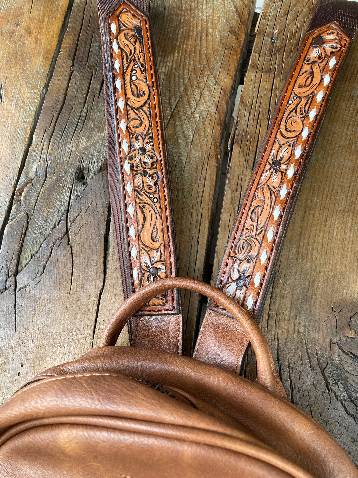 Backpack/purse with floral leather patches