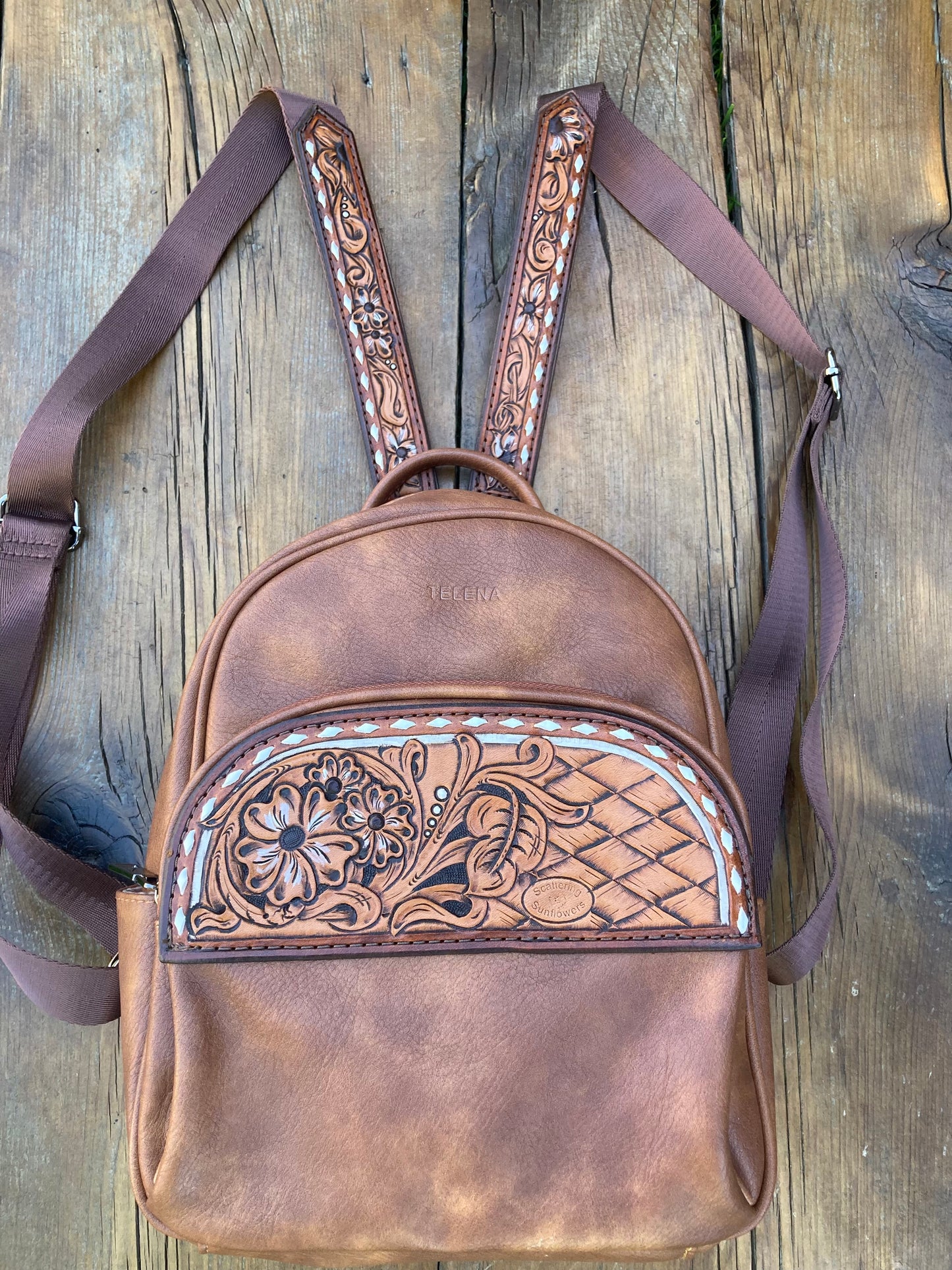 Backpack/purse with floral leather patches