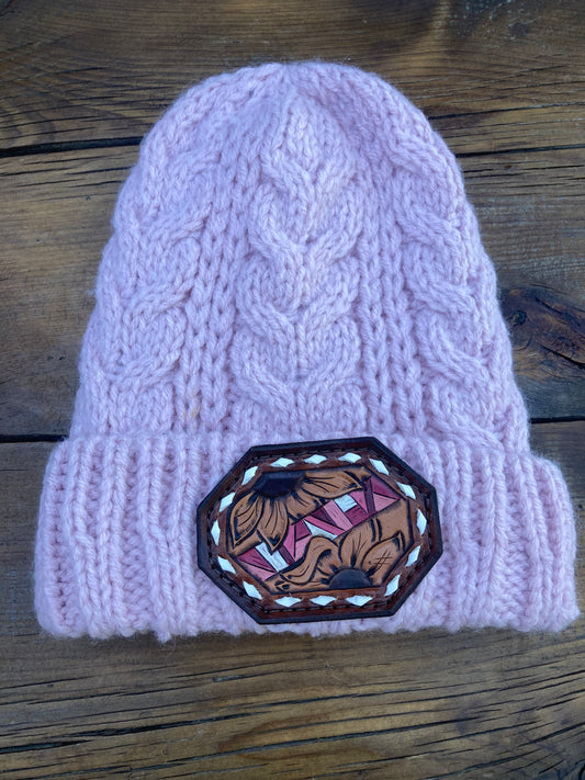 Pink beanie with sunflower leather patch