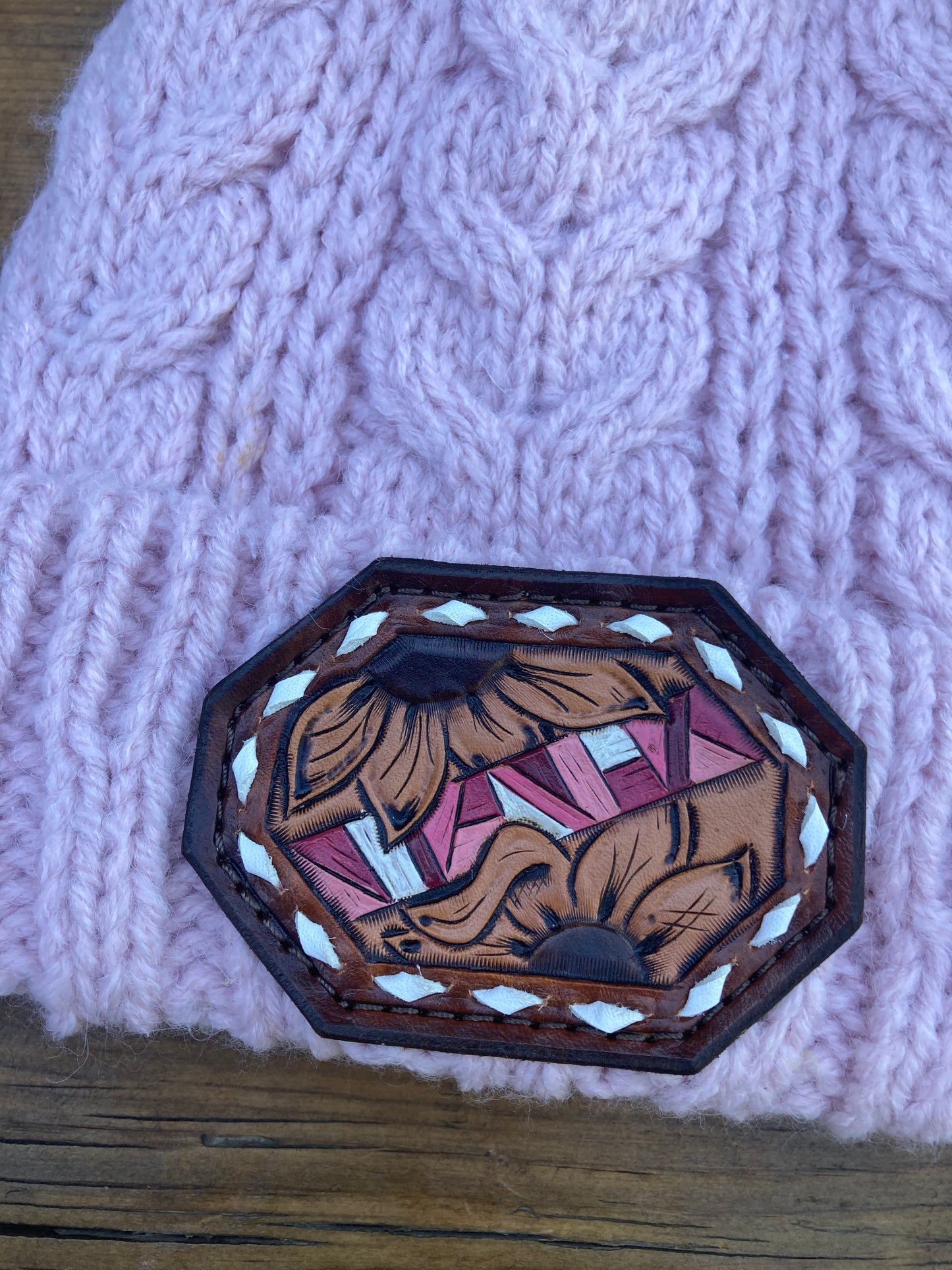 Pink beanie with sunflower leather patch