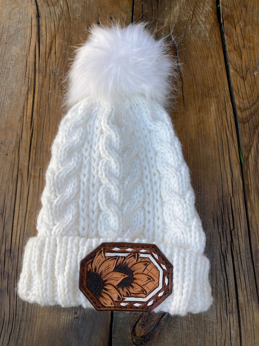 White beanie with sunflower leather patch