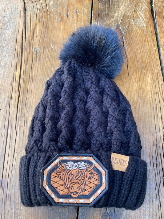 Beanie black with highlander and white buck stitch