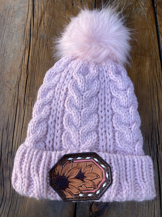 Pink beanie with sunflower leather patch