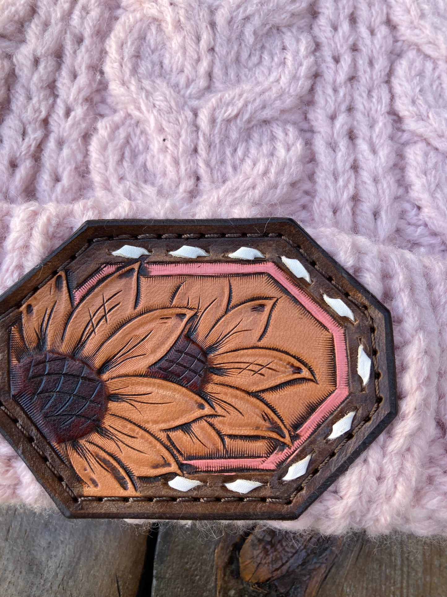 Pink beanie with sunflower leather patch