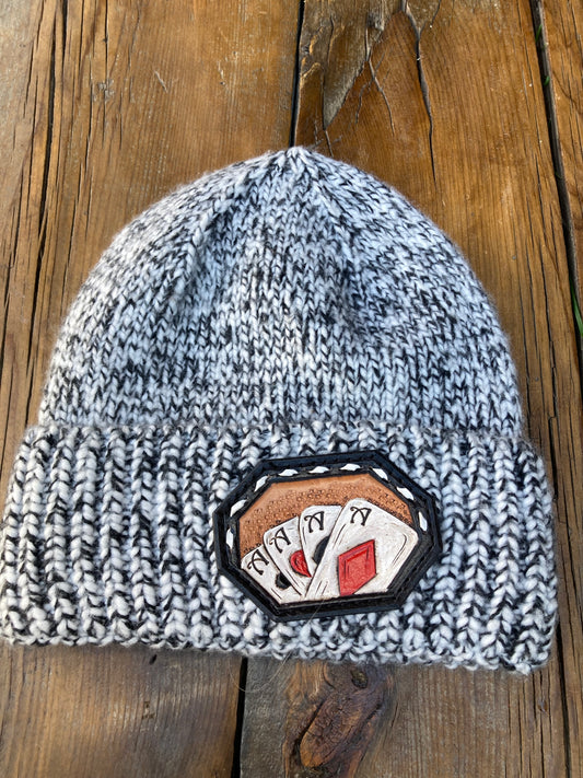 Black & white variegated beanie with playing card patch