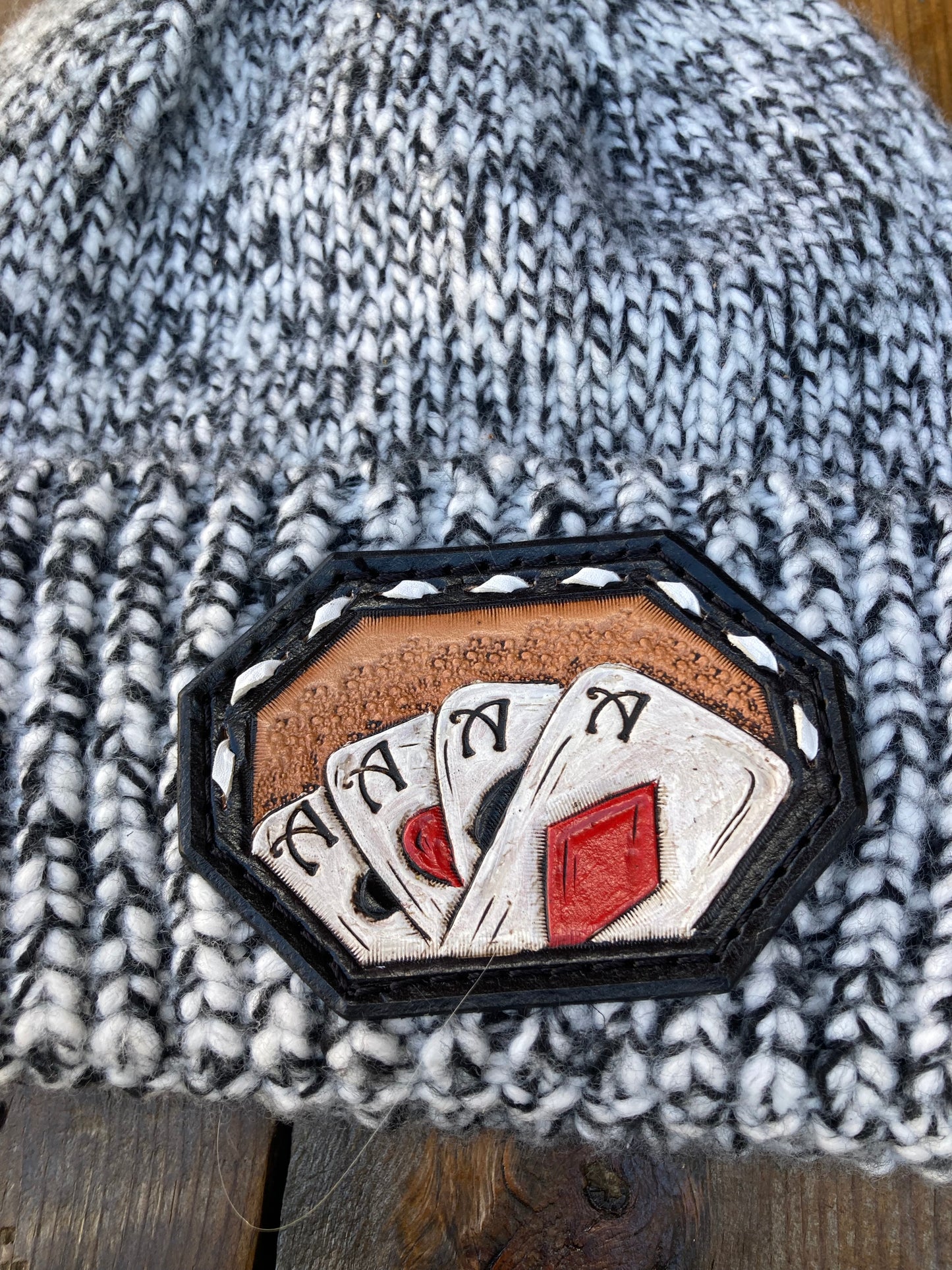 Black & white variegated beanie with playing card patch