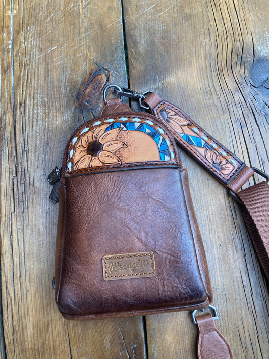 Small sling crossbody bag - brown & blue