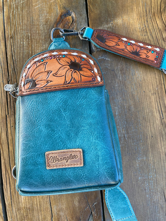 Small sling crossbody bag - turquoise with dots