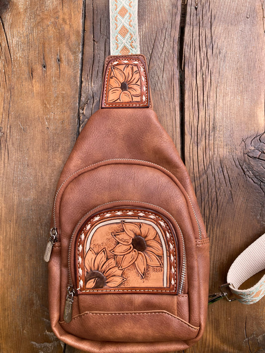 Sling crossbody bag - brown sunflowers