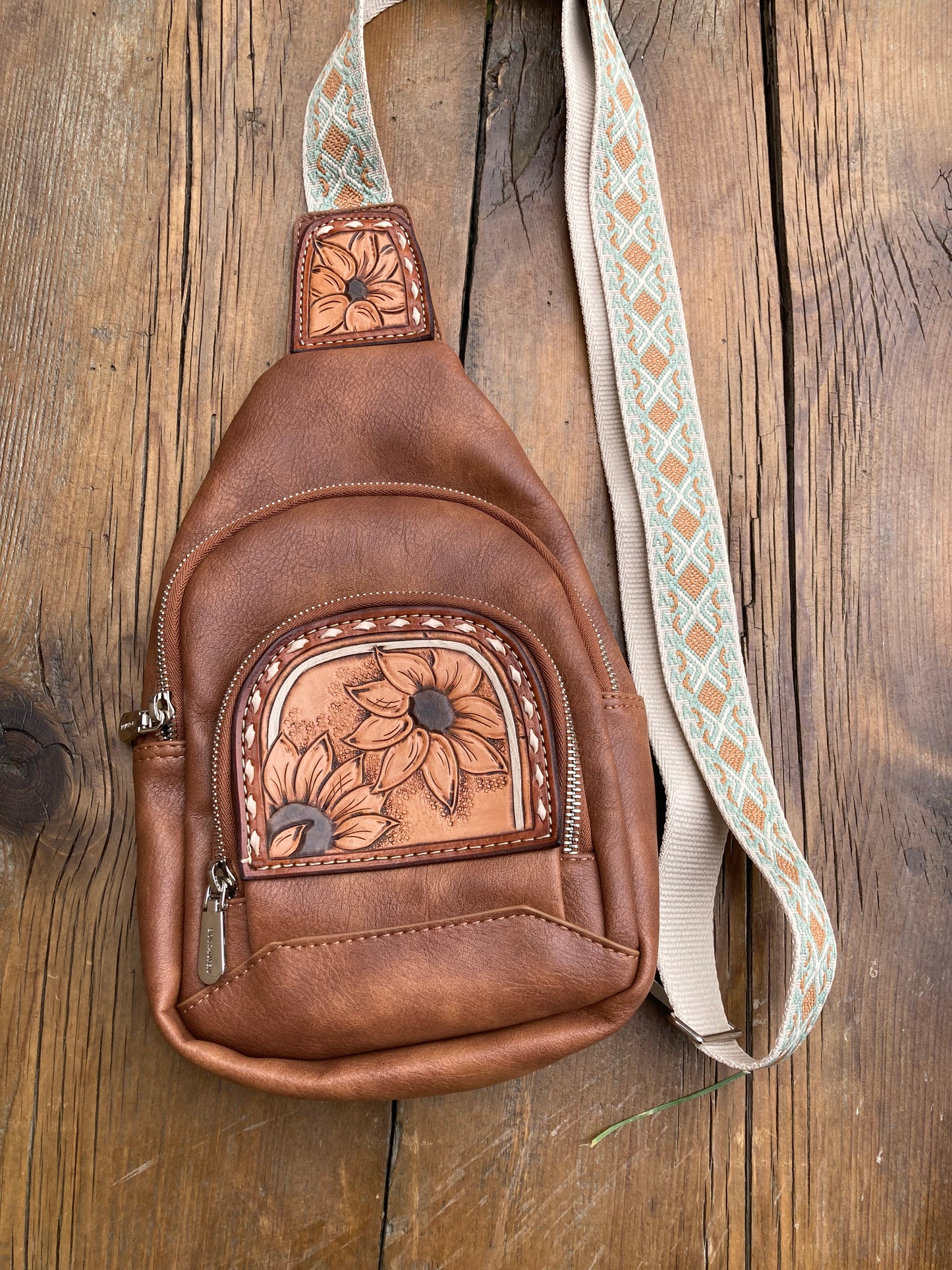 Sling crossbody bag - brown sunflowers