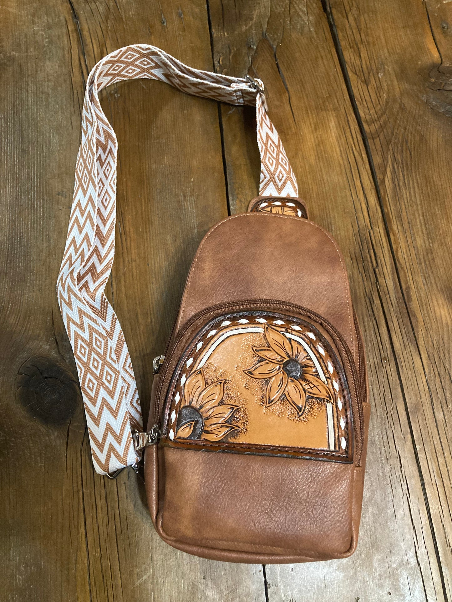 Sling crossbody bag - brown with sunflowers