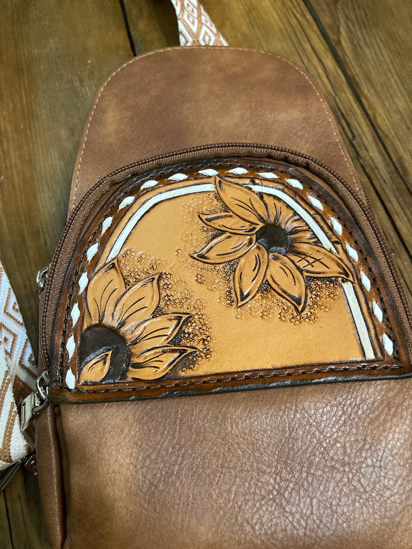 Sling crossbody bag - brown with sunflowers