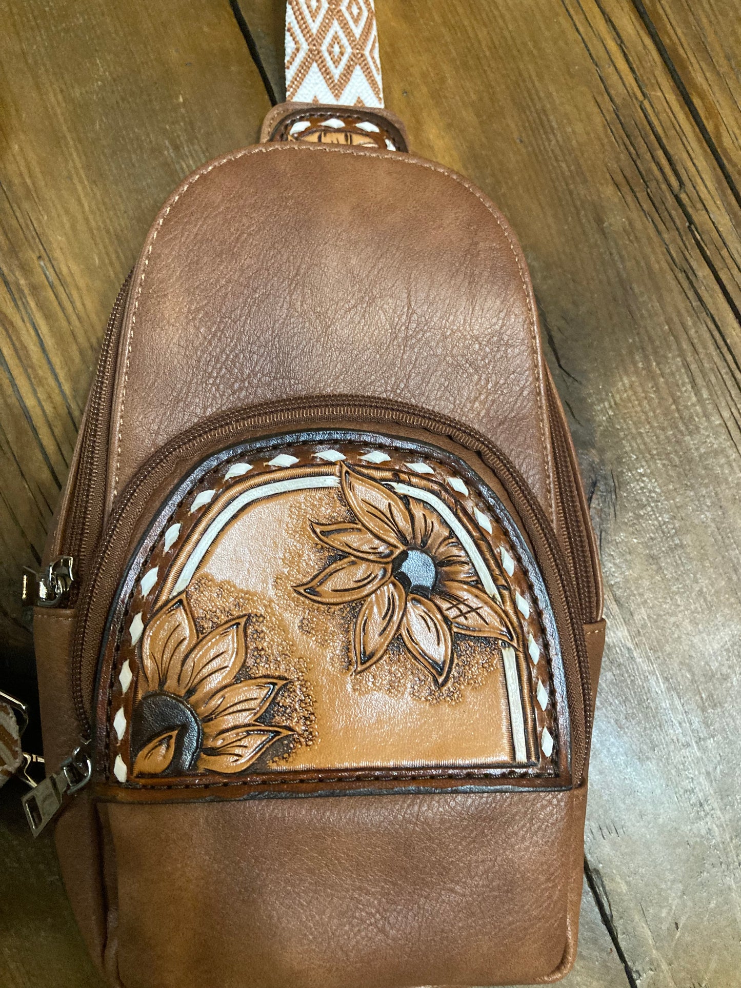 Sling crossbody bag - brown with sunflowers