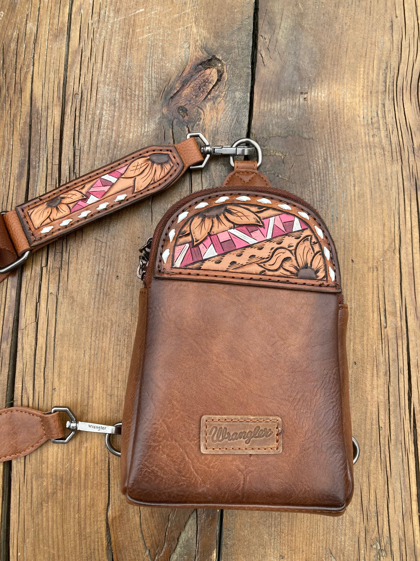 Small sling crossbody bag - brown with pink