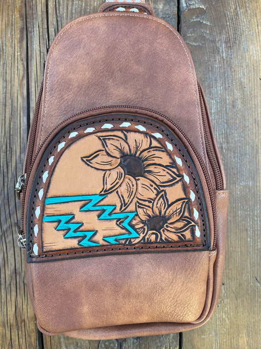 Sling crossbody bag - brown sunflower and aztec