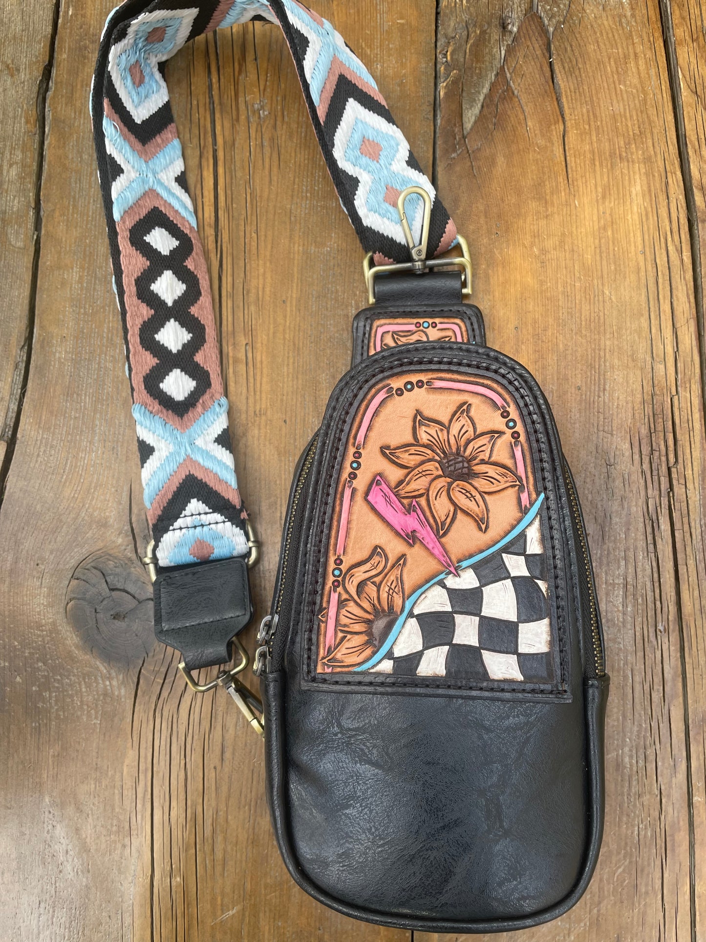 Sling crossbody bag - black with sunflower