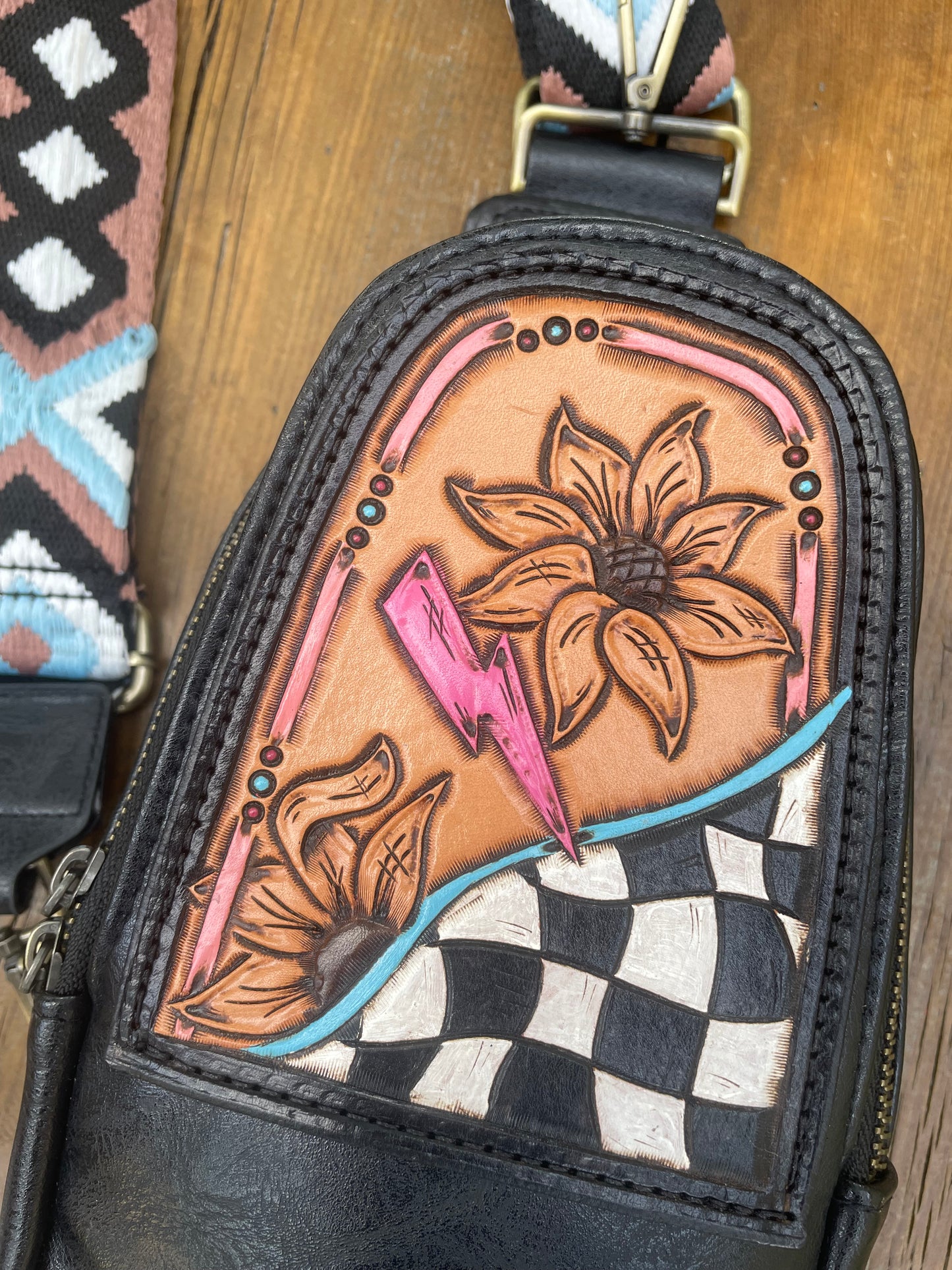 Sling crossbody bag - black with sunflower