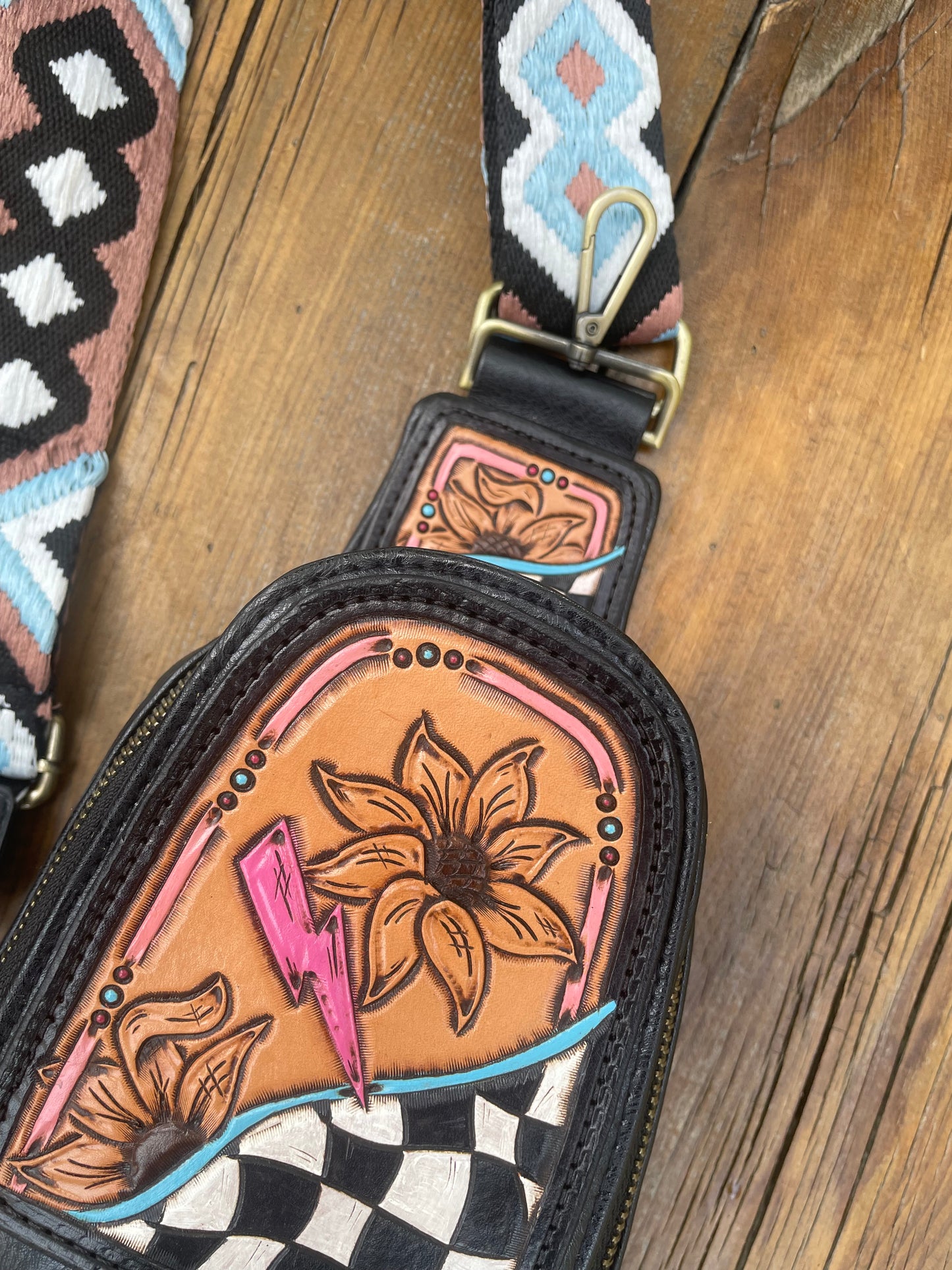 Sling crossbody bag - black with sunflower