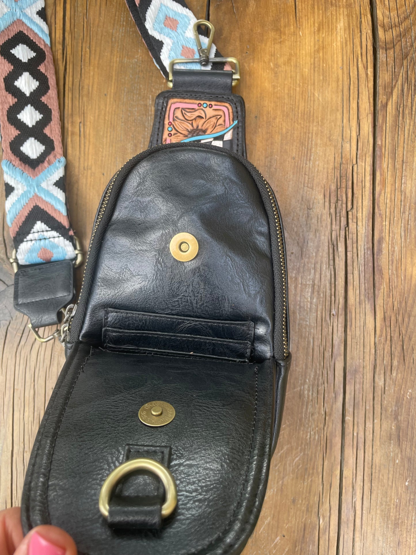 Sling crossbody bag - black with sunflower