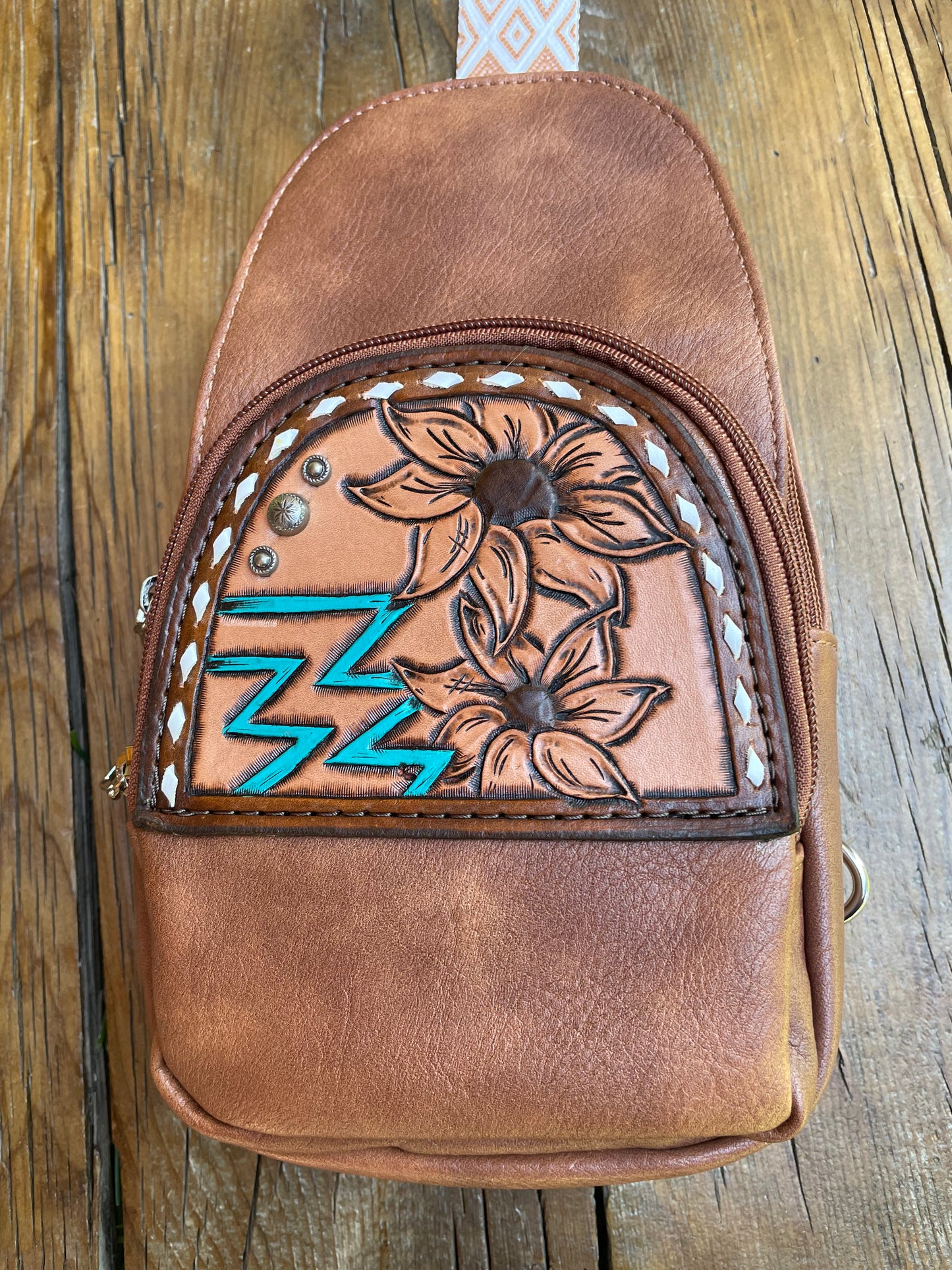 Sling crossbody bag - brown sunflower and aztec