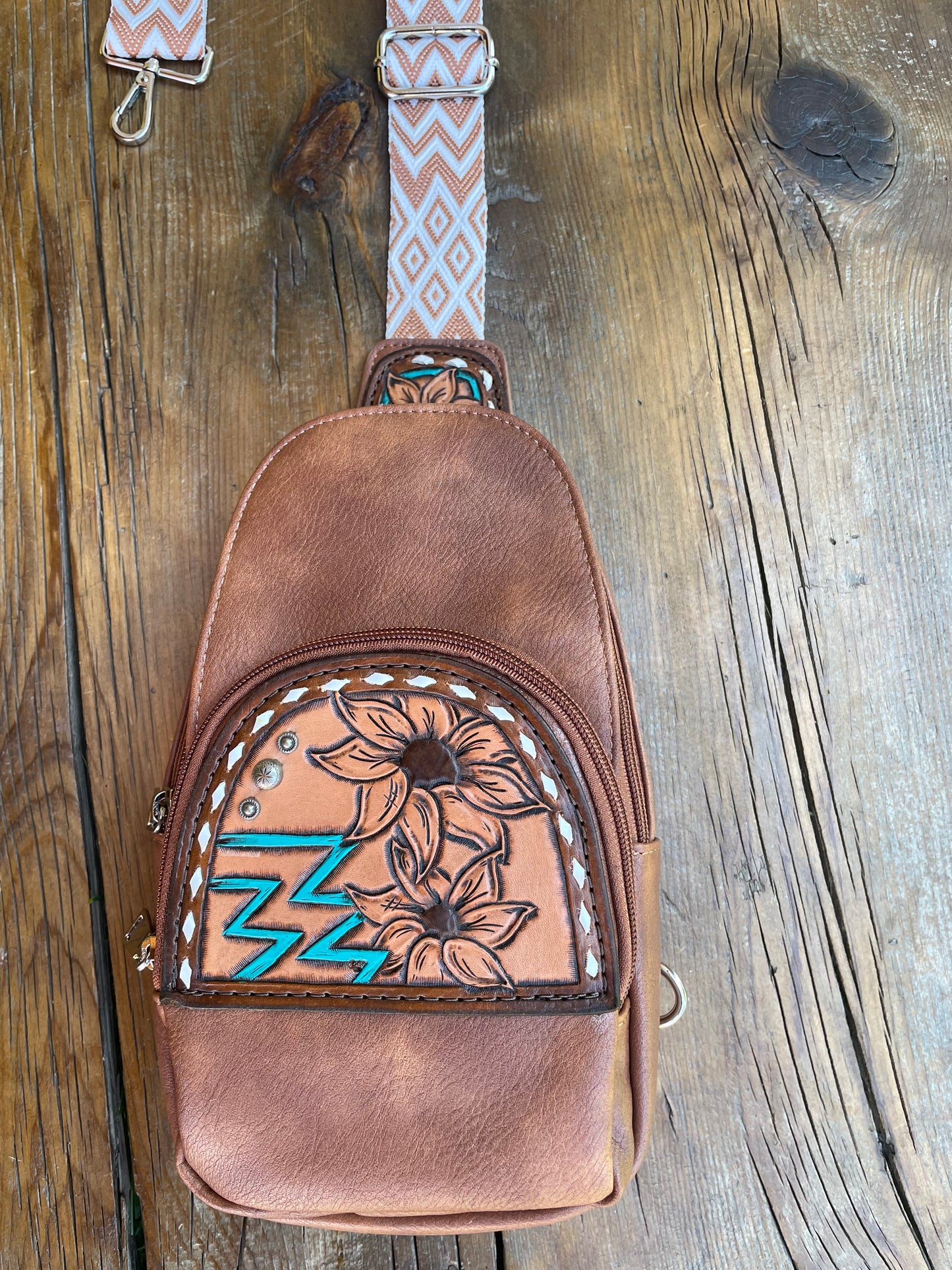 Sling crossbody bag - brown sunflower and aztec