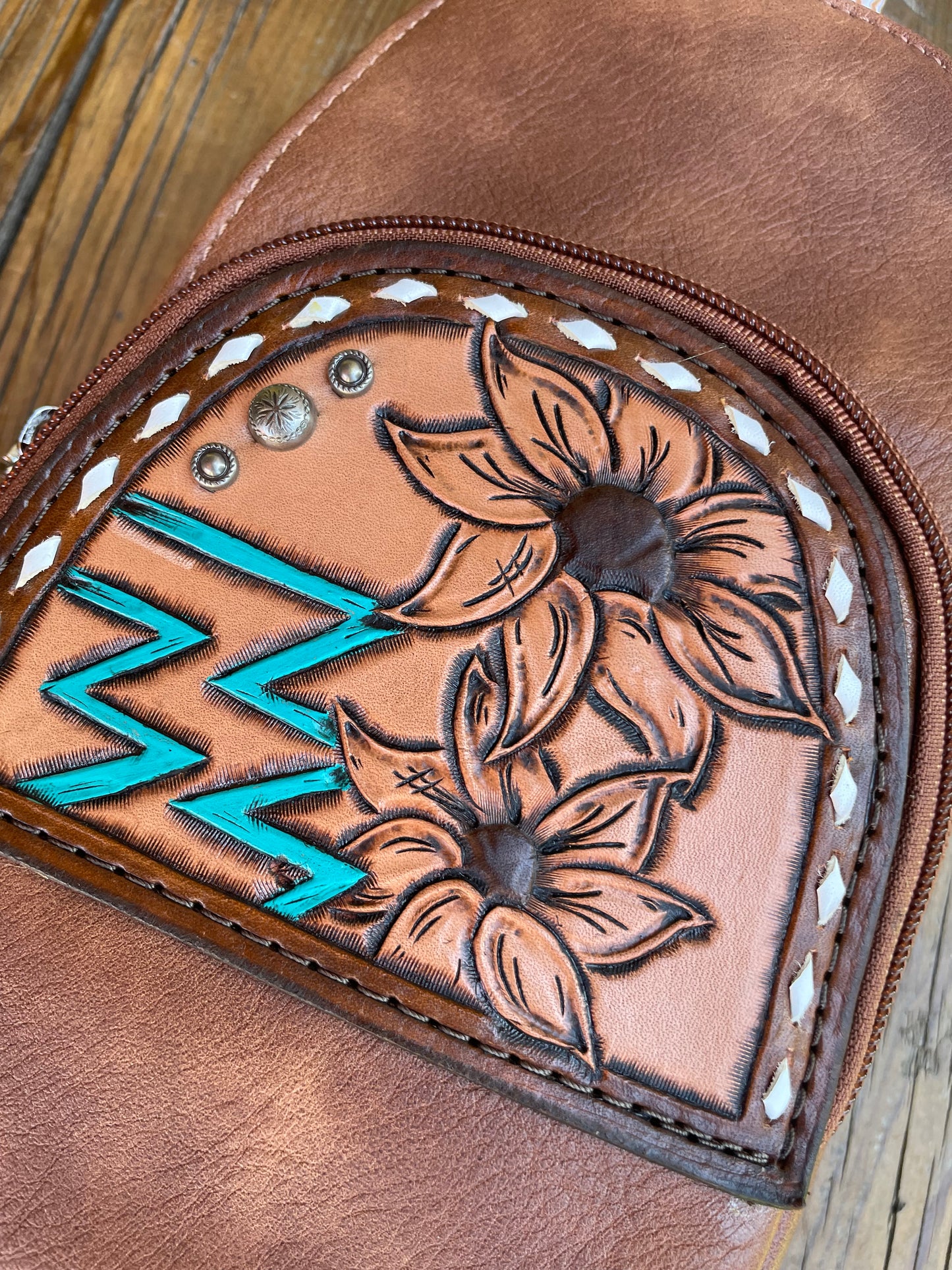 Sling crossbody bag - brown sunflower and aztec