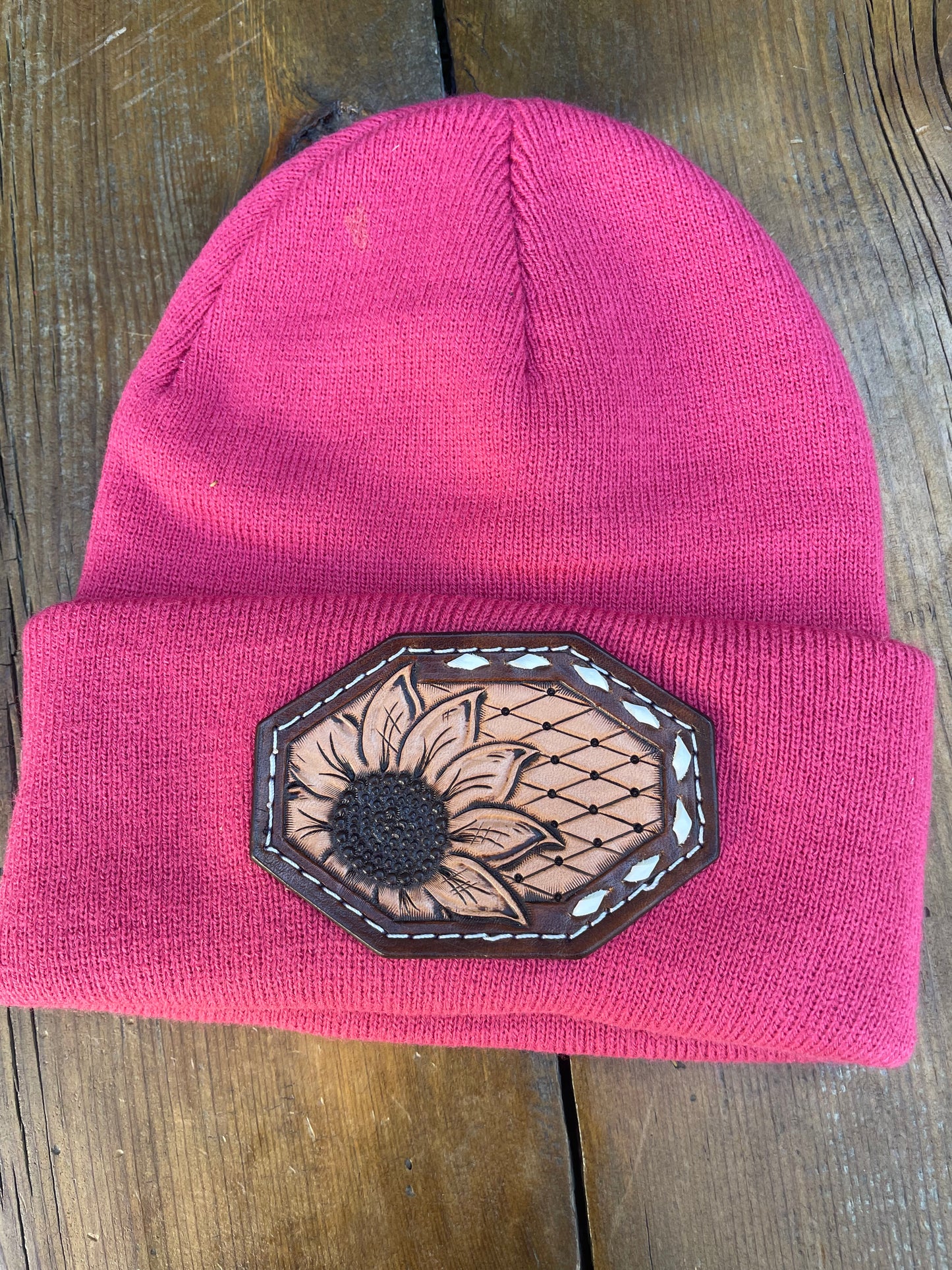 Hot Pink beanie with sunflower leather patch