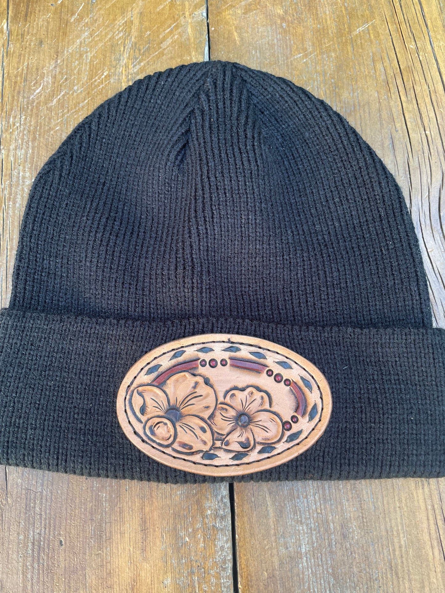 Beanie black with leather patch and black buck stitch