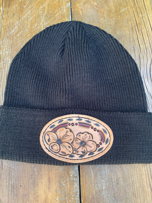Beanie black with leather patch and black buck stitch