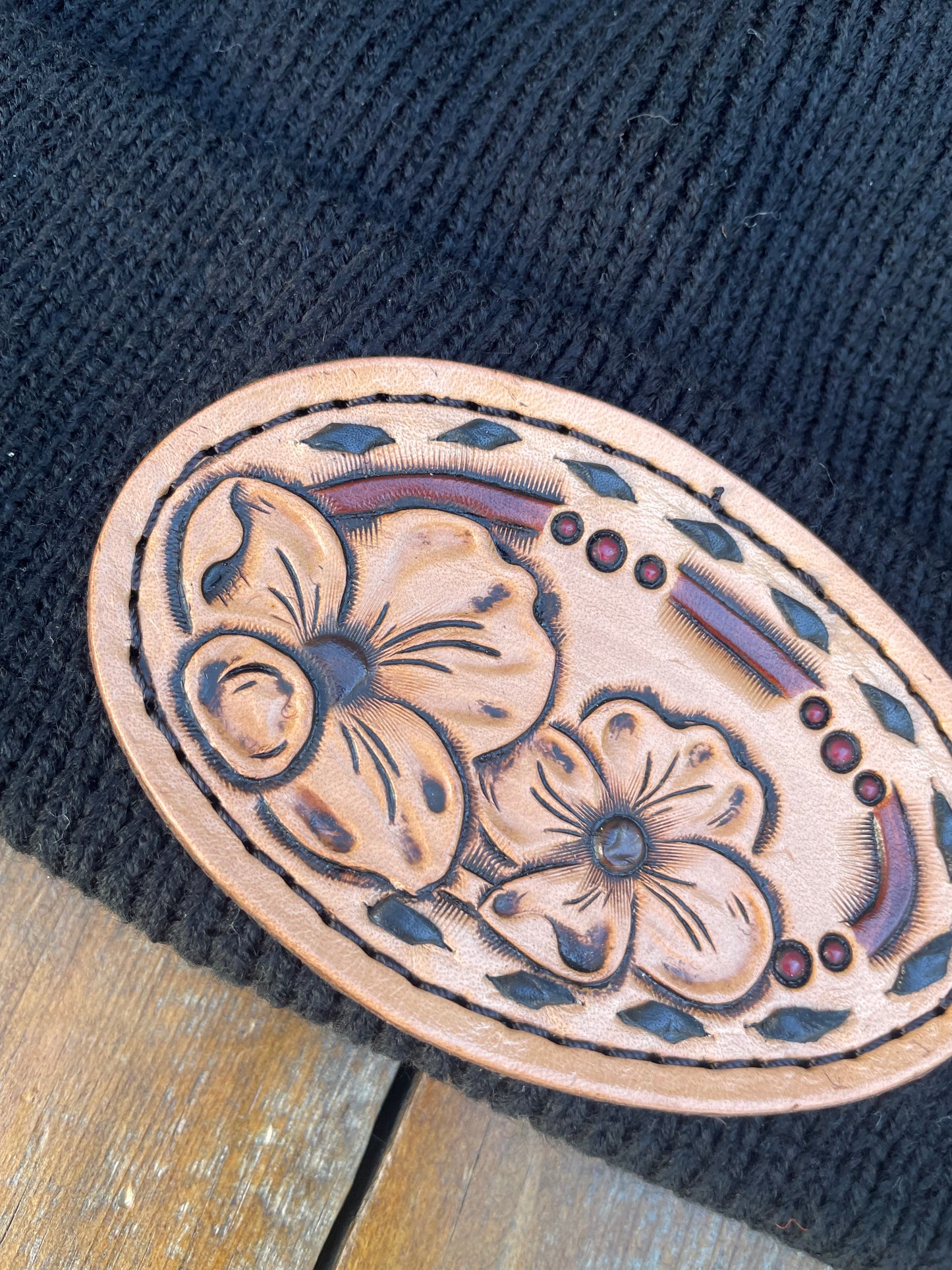 Beanie black with leather patch and black buck stitch