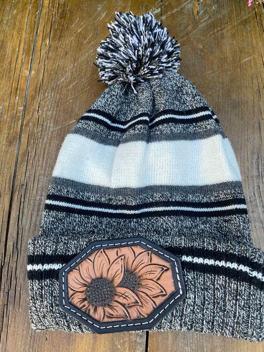 Black and gray striped beanie with sunflowers