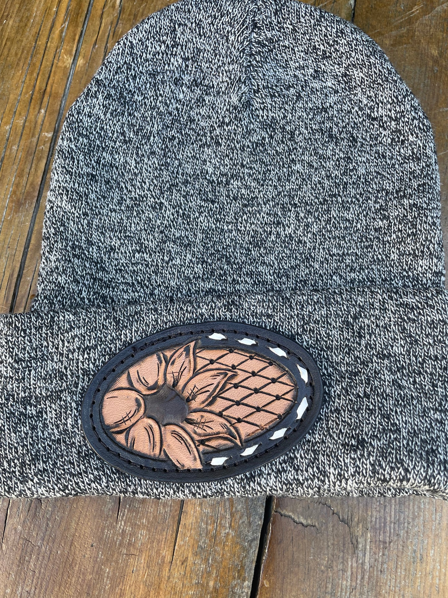 Gray beanie with sunflower leather patch
