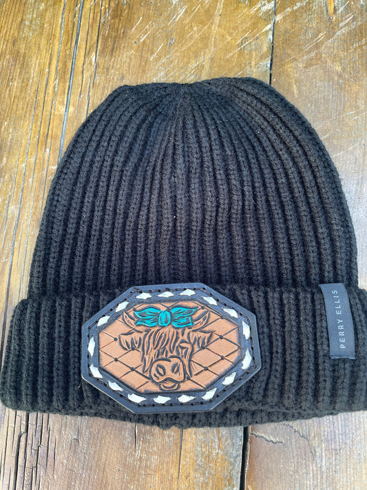 Black beanie with highlander cow leather patch