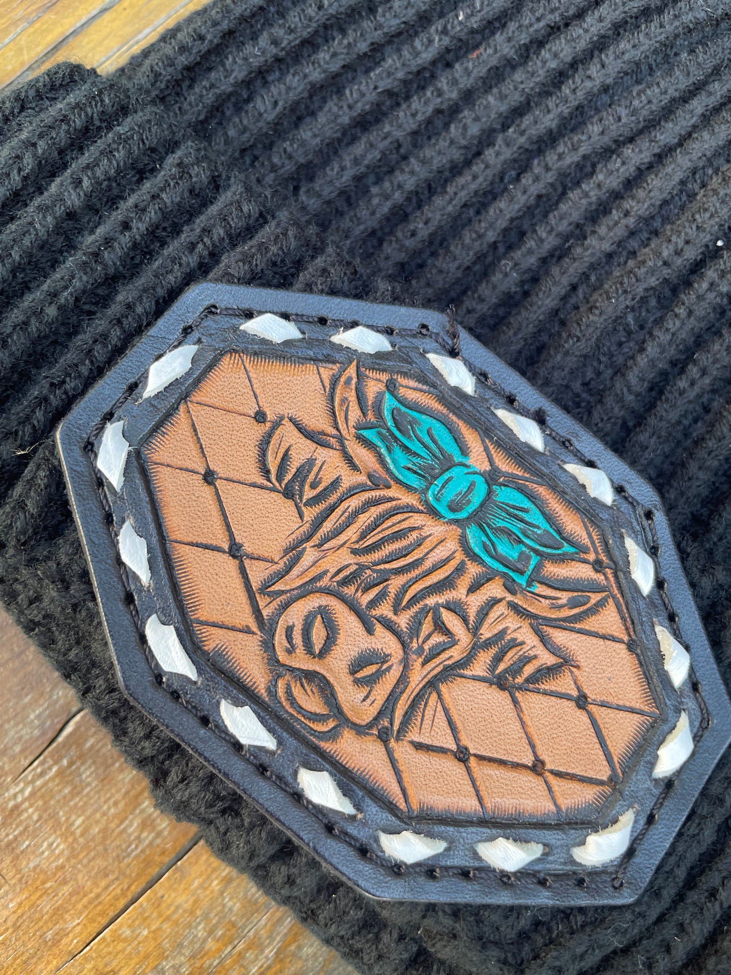 Black beanie with highlander cow leather patch