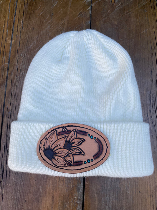 White beanie with flower leather patch
