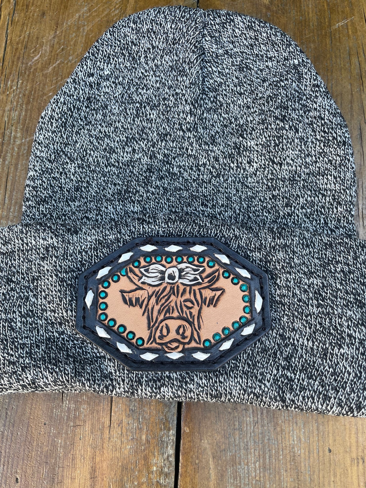 Beanie gray variegated with highlander and turquoise dots