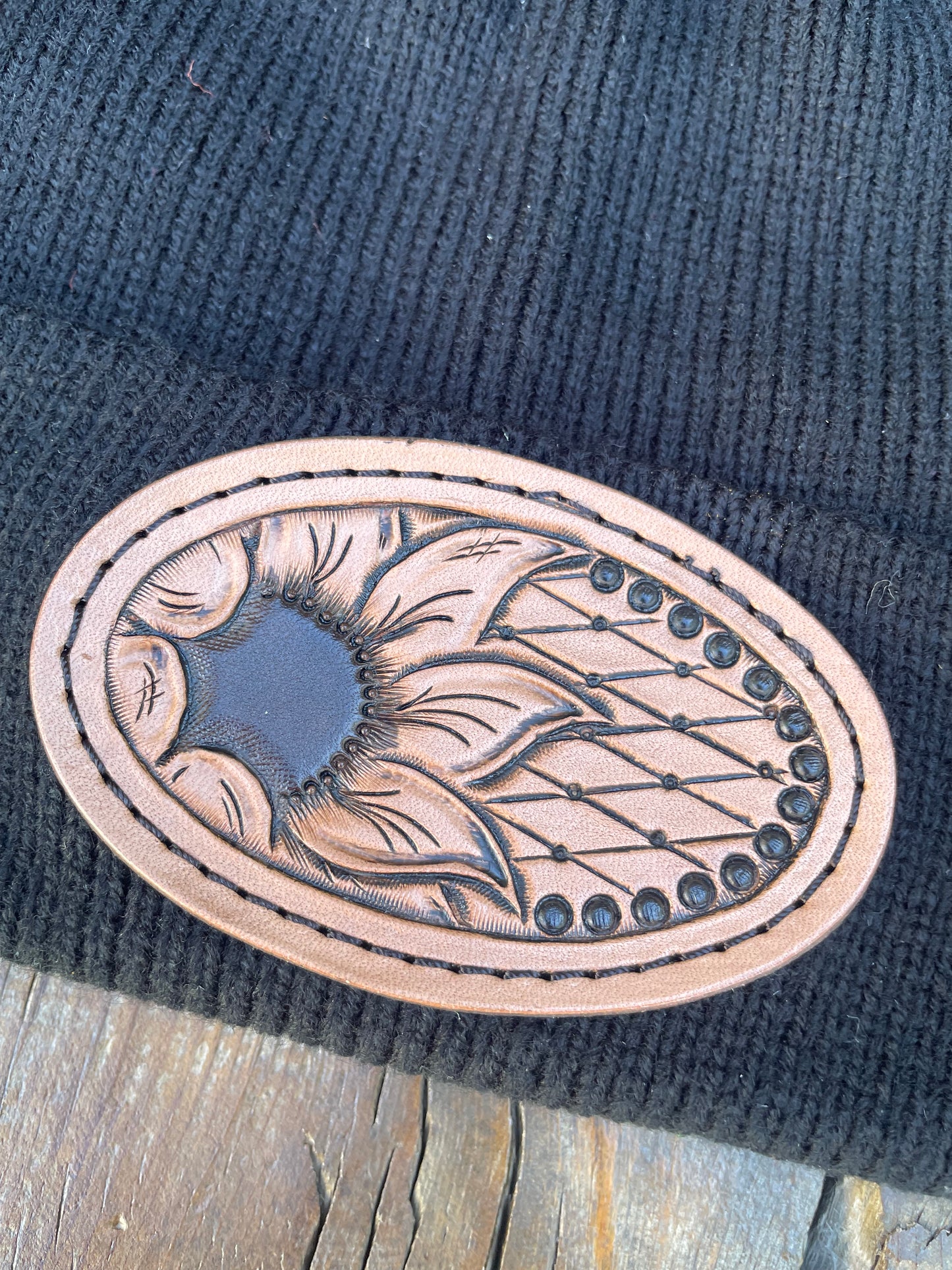 Beanie black with sunflower leather patch with black dots