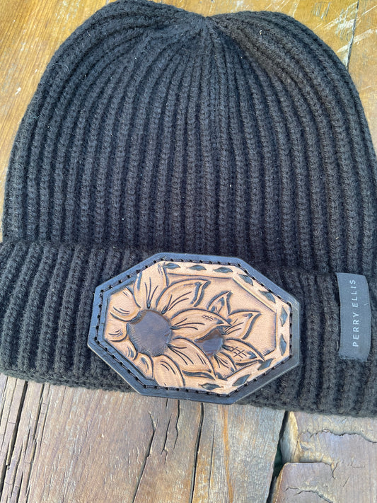 Beanie black with sunflower and black buck stitch