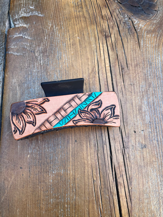 4”  Hair clip/Claw clip with sunflower turquoise stripe