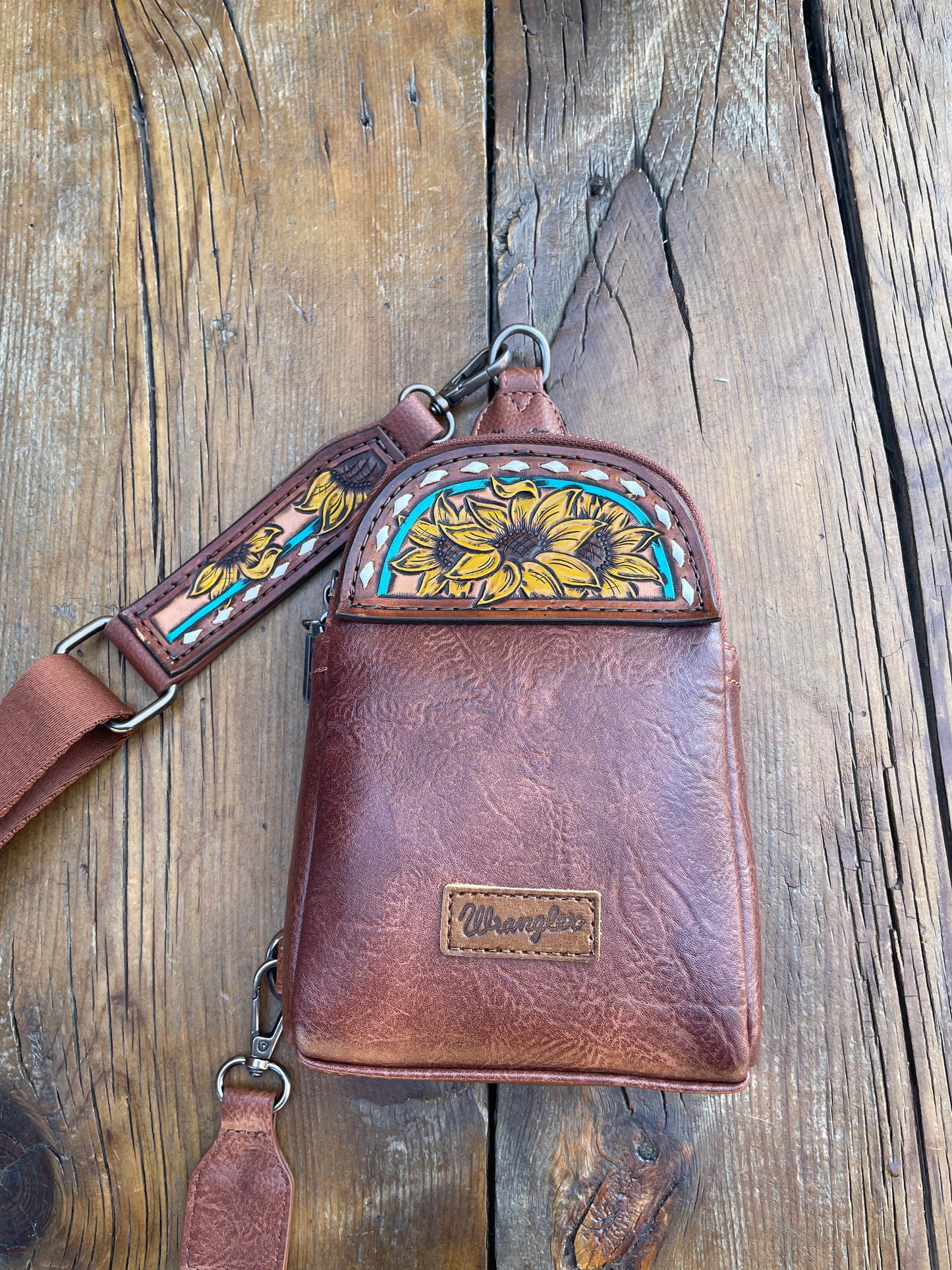Small sling crossbody bag - brown with turquoise