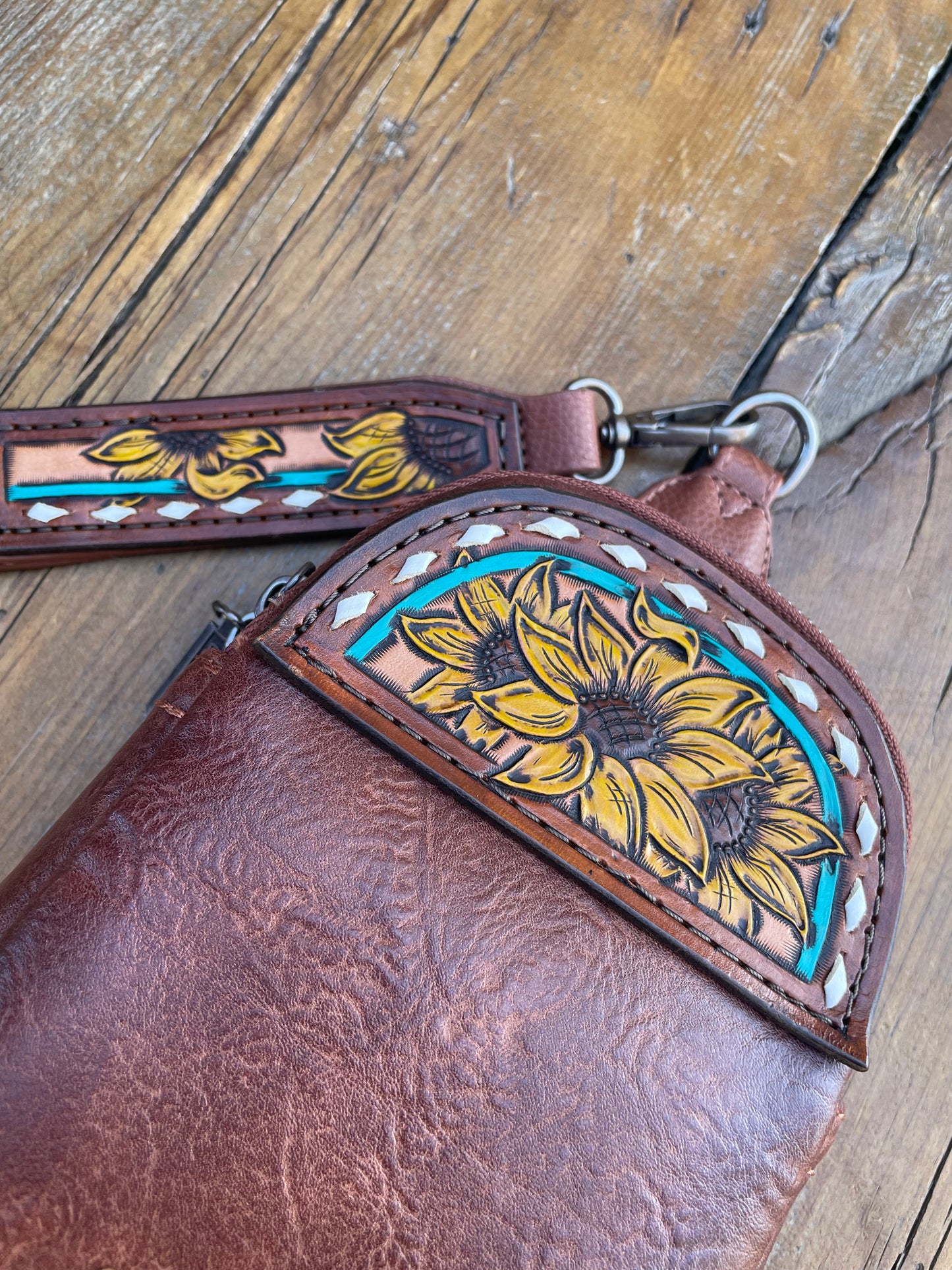 Small sling crossbody bag - brown with turquoise