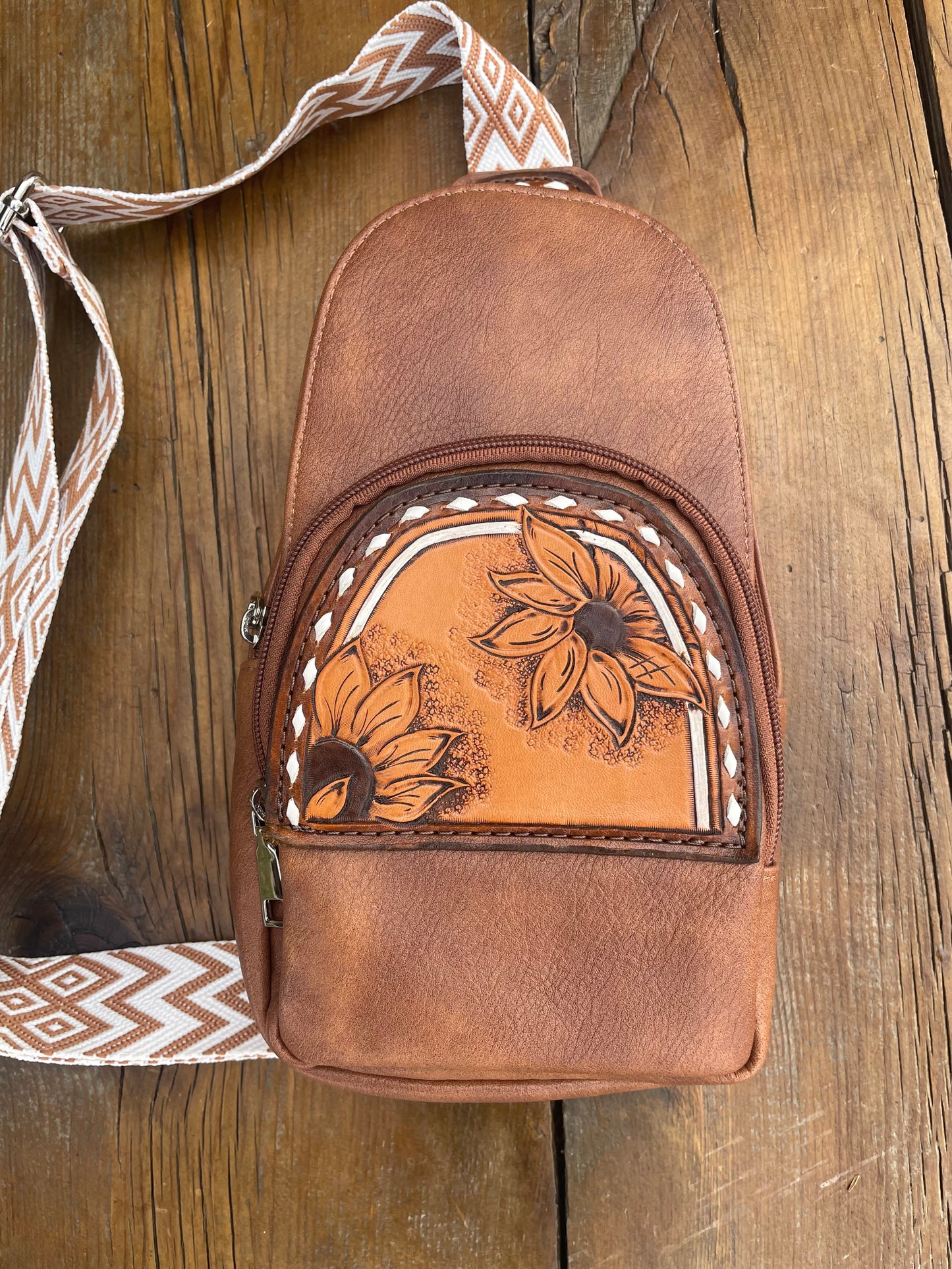 Sling crossbody bag - brown with sunflowers