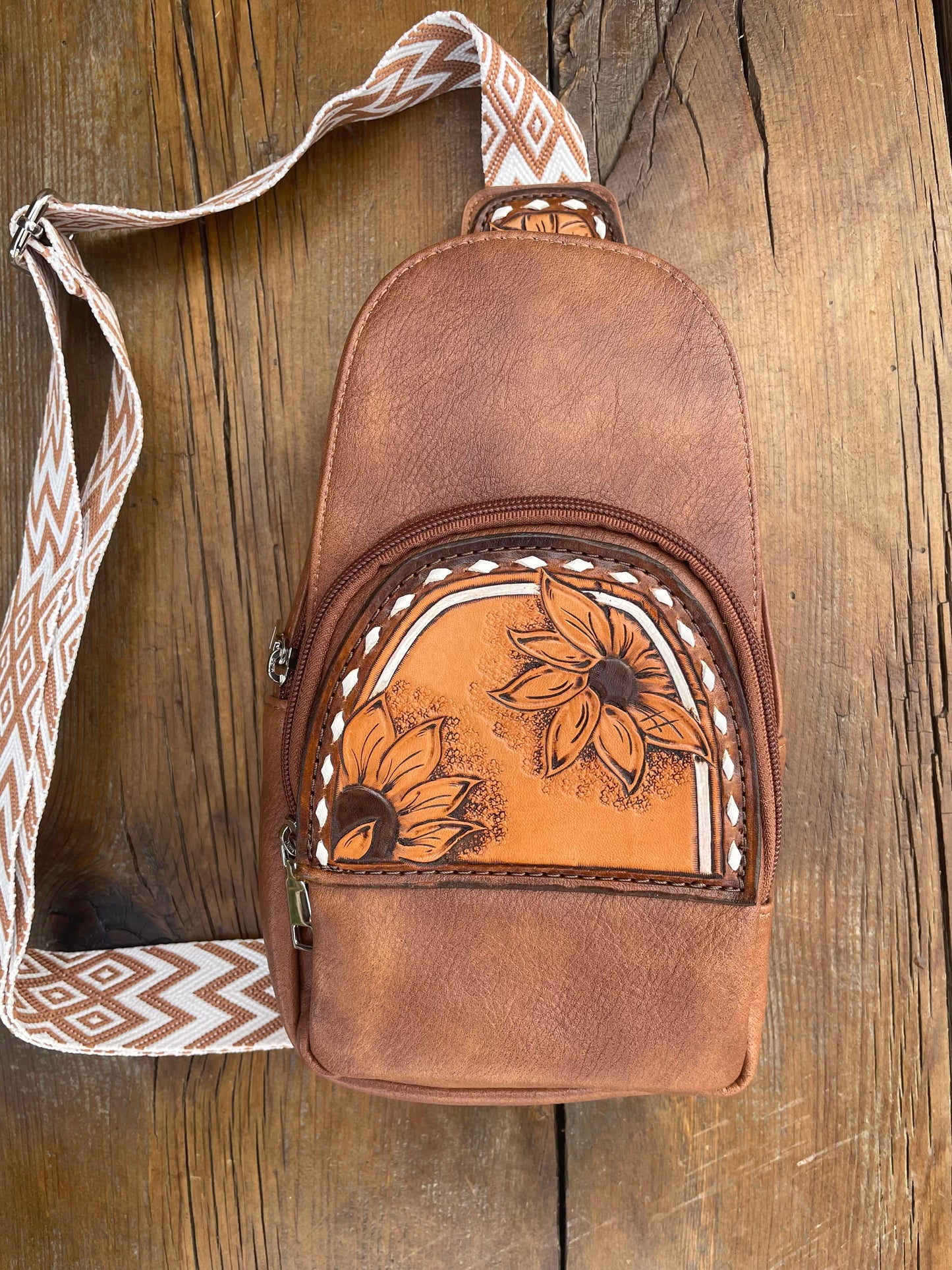 Sling crossbody bag - brown with sunflowers