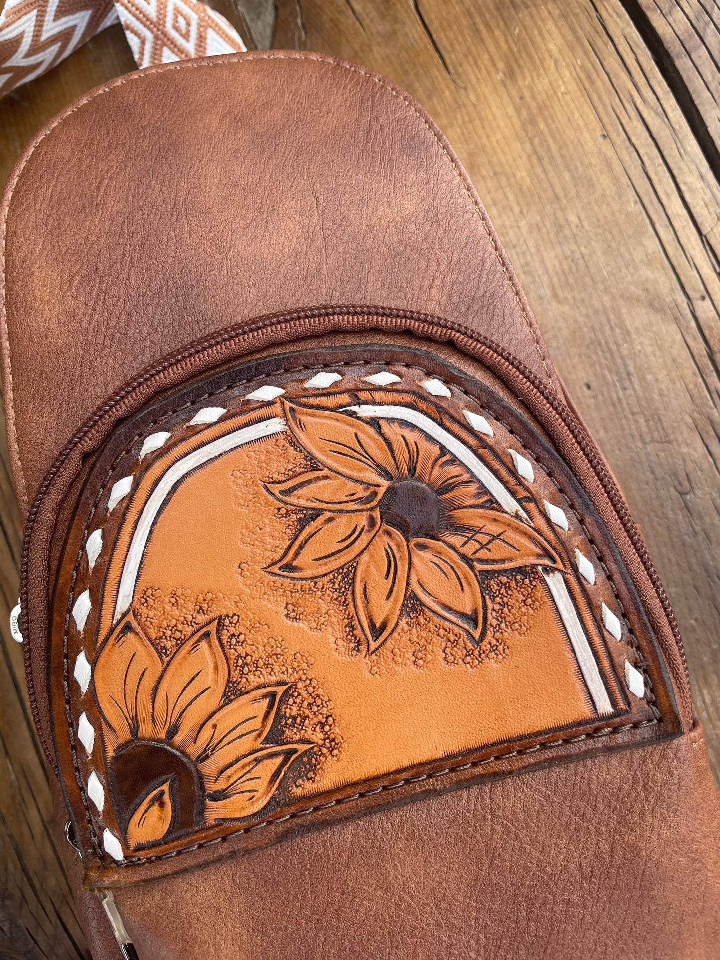 Sling crossbody bag - brown with sunflowers