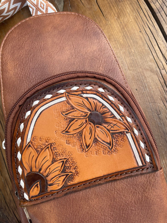 Sling crossbody bag - brown with sunflowers