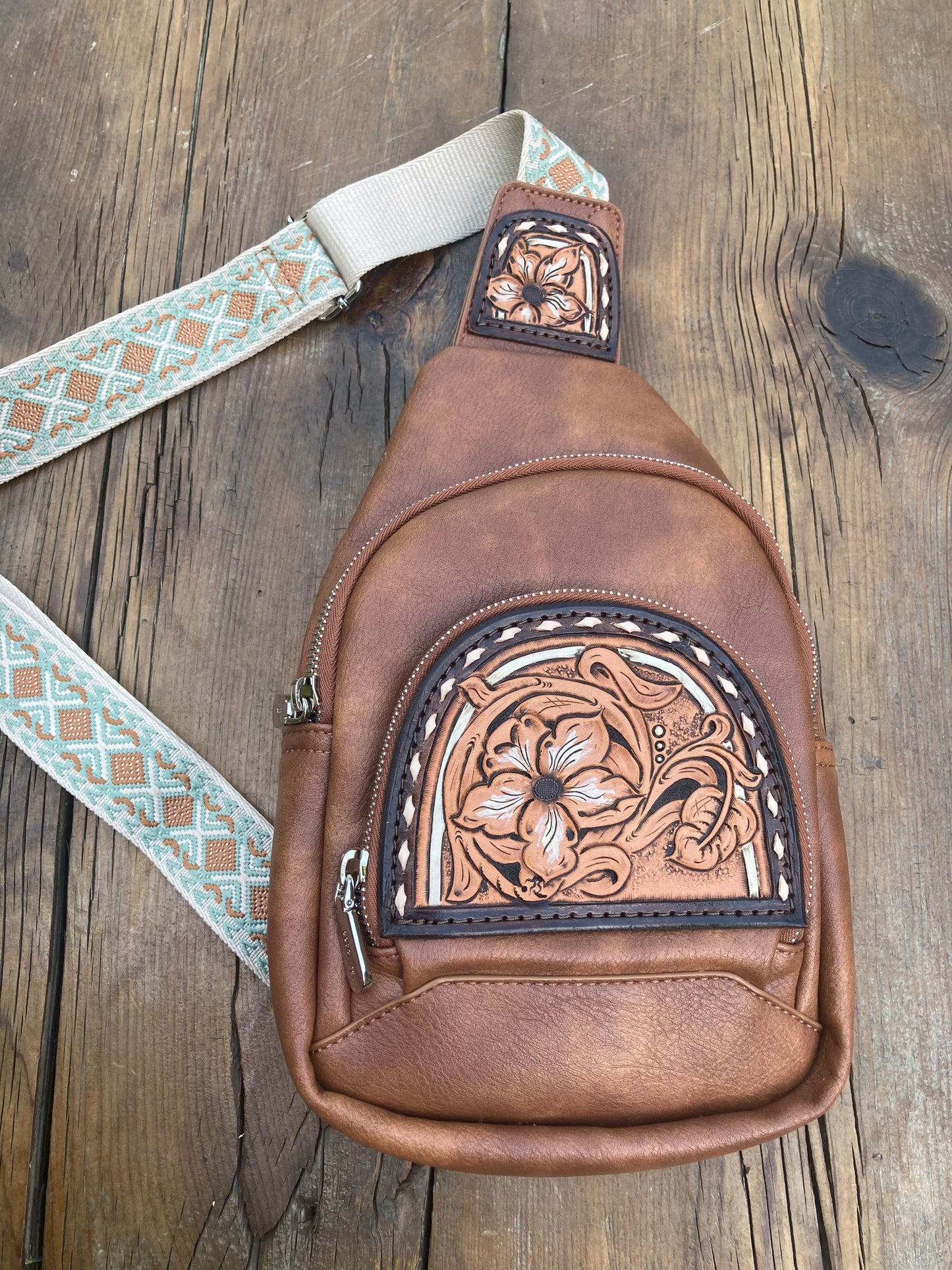 Sling crossbody bag - brown floral